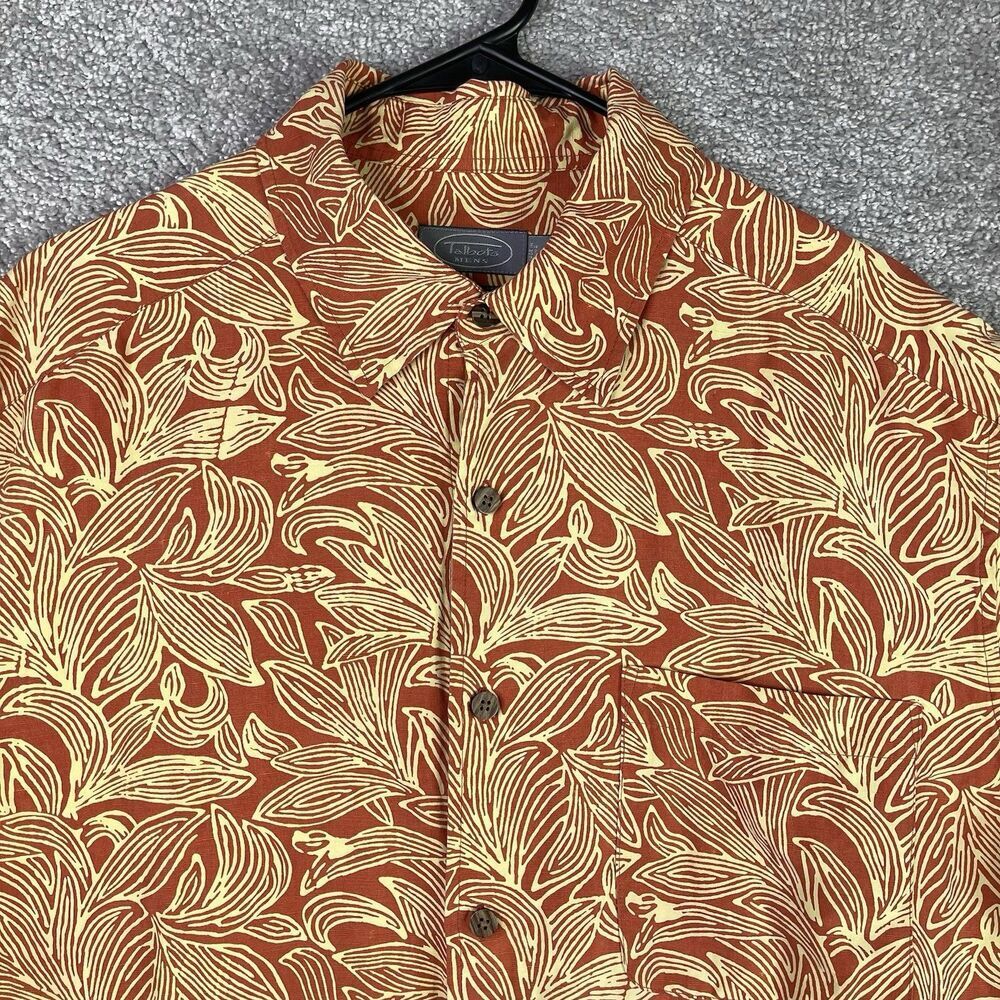 Talbots Mens Silk Linen Hawaiian Shirt Large Orange Floral Tropical Resort Wear